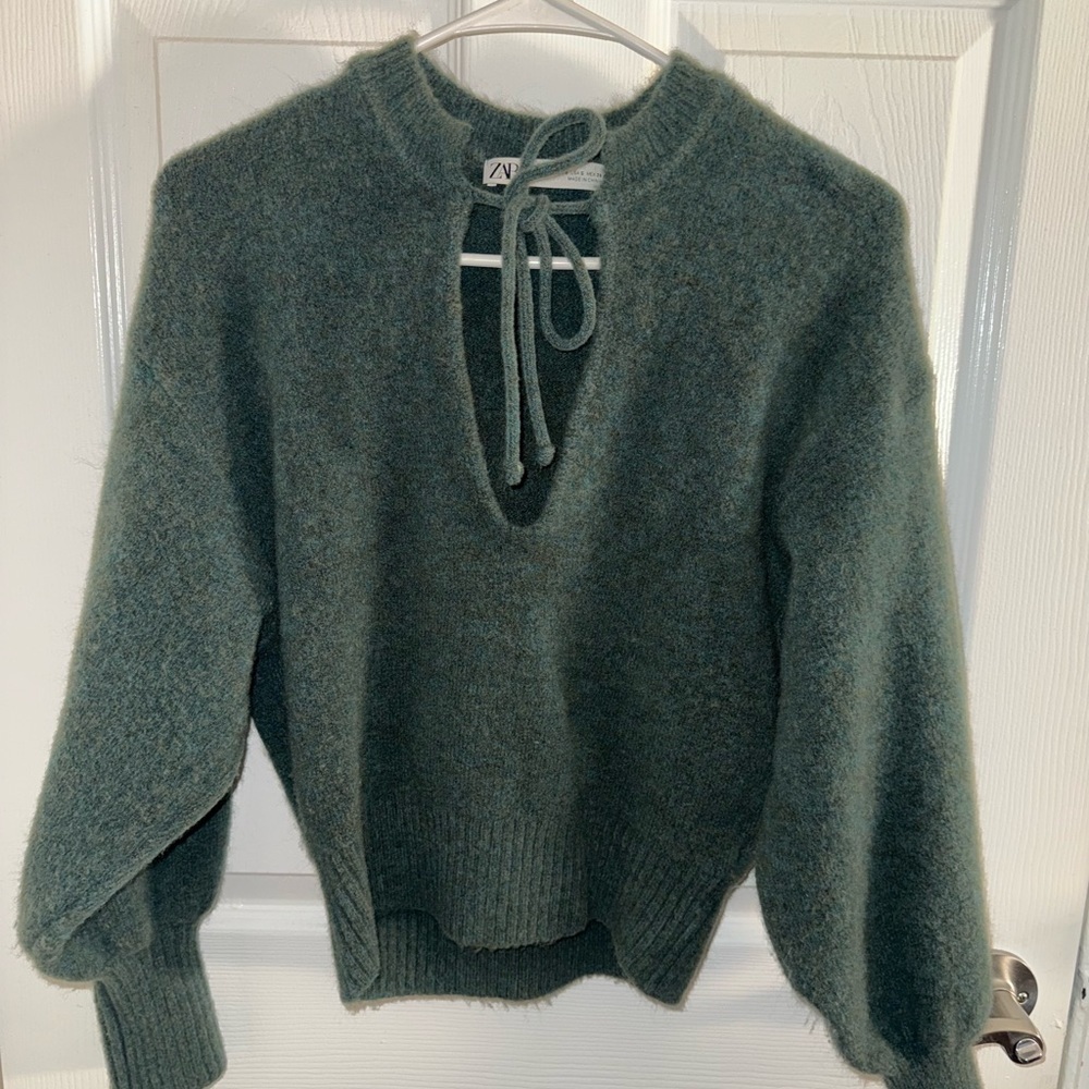 Zara Forest Green V-Neck Tie-Front Sweater